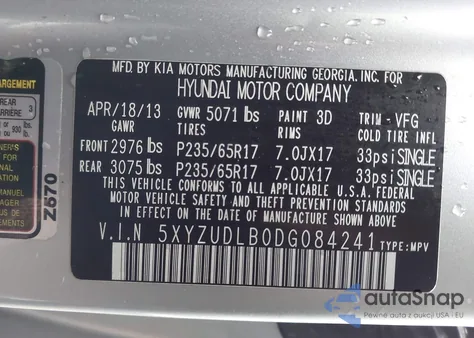 2013 Hyundai Santa Fe Sport z USA, uszkodzony, nr VIN 5XYZUDLB0DG084241